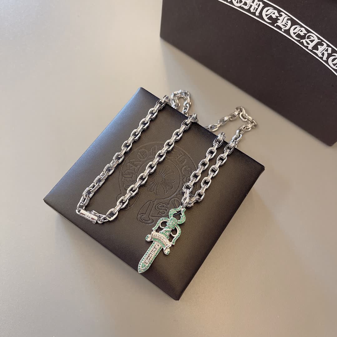 Chrome Hearts Silver Chain with Green Sword Pendant